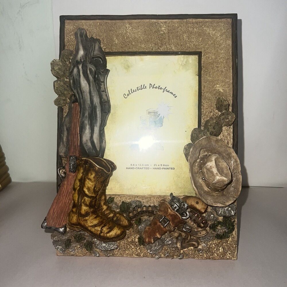 3D Old Western Style Cowboy Hat Boots Rifle ,Pistol Cactus Photo Frame 3.5 By 5”